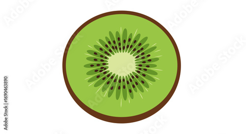 A vibrant cross-section of a kiwi fruit, showcasing its bright green flesh and ring of tiny black seeds.
