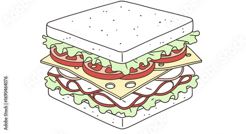 Isometric sandwich with lettuce, tomato, cheese, and meat layers.