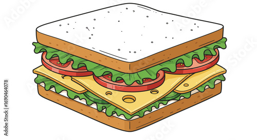 Illustration of a sandwich with bread, cheese, lettuce, and tomato.