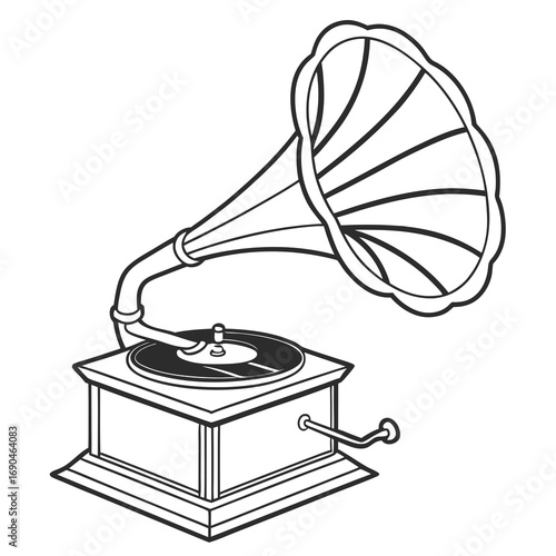 An early device for playing recorded sound, featuring a horn amplifier and a turntable for vinyl records.