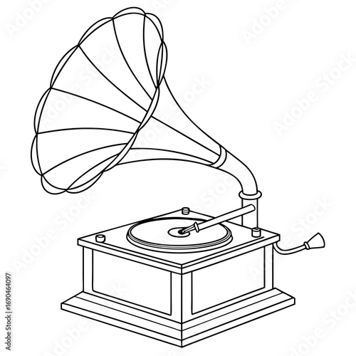 An early device for playing recorded sound, featuring a horn amplifier and a turntable for vinyl records.