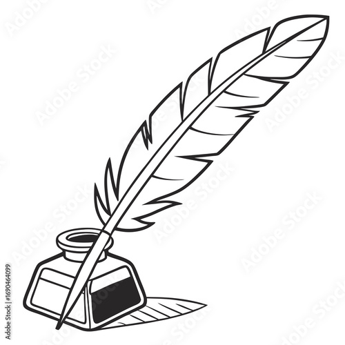 A writing tool made from a flight feather with a sharpened tip, paired with a pot for holding ink.