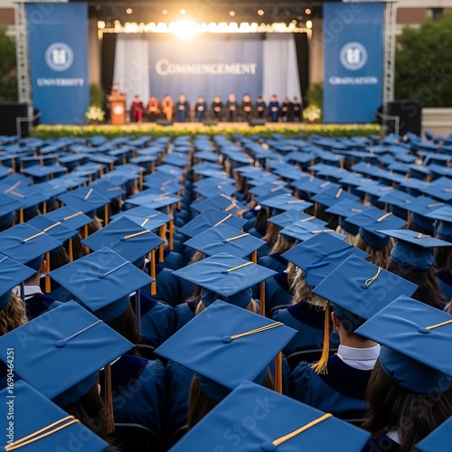 A large group of graduates in blue graduation caps sits awaiting the commencement ceremony.