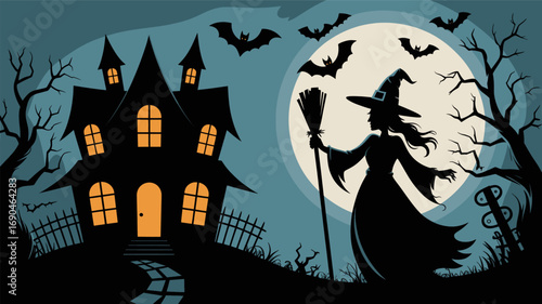 Spooky haunted house and witch silhouette against a large full moon on halloween night with flying bats and bare trees