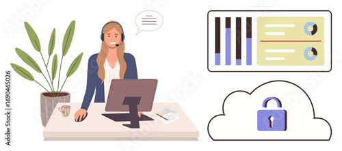 Support agent at desk with headset, computer, analytics charts, cloud security icon, and plant. Ideal for customer service, cybersecurity, data analysis, remote work helpline online communication