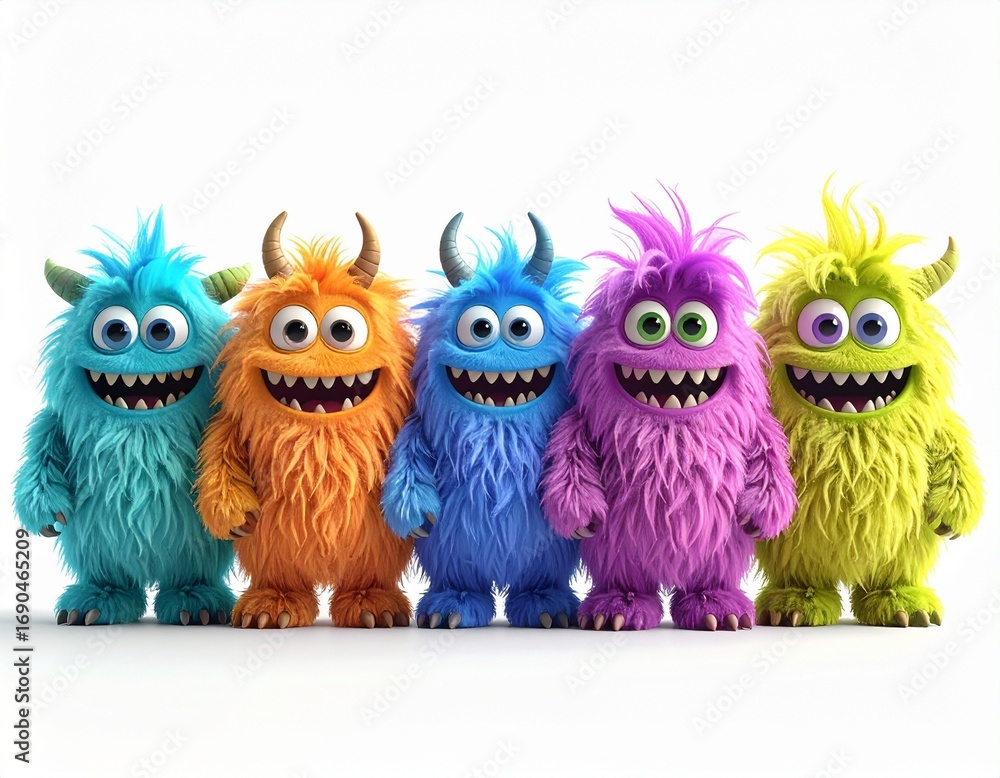 Fototapeta premium Five Cute and Colorful Fluffy Monsters on white background 