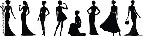  Elegant female fashion silhouettes, stylish women in dresses, vector illustration of models posing, glamorous evening gowns, beauty, elegance, lifestyle, trendy design