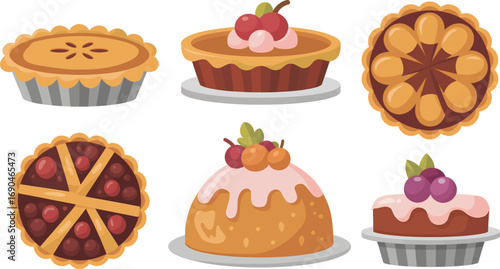 A delightful collection of six assorted sweet baked desserts including pies and cakes presented in a charming silhouette style