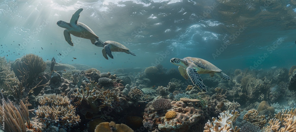 Fototapeta premium Graceful sea turtles gliding through a vibrant coral reef ecosystem in crystal clear waters