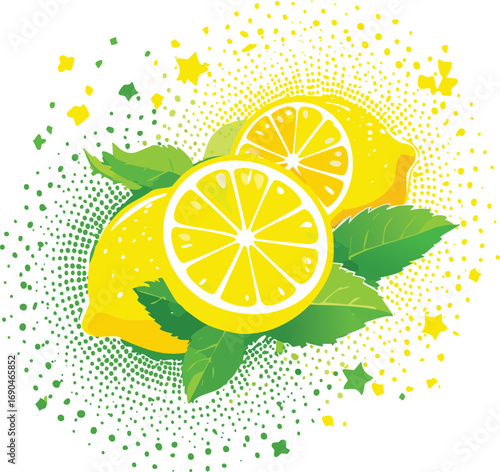 Bright yellow lemons with green leaves and abstract dots citrus fruit