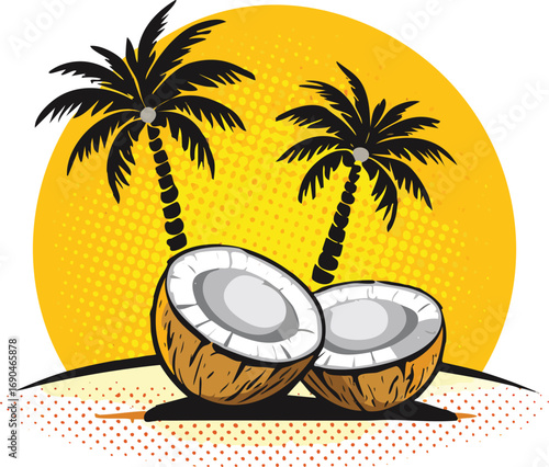 Two halved coconuts with palm trees against a bright yellow sun tropical