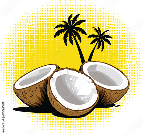 Tropical coconuts and palm trees on yellow background fruit halves