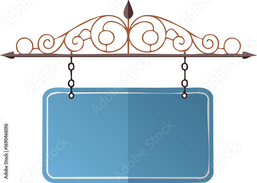 Ornate hanging sign with blue rectangular panel ornate bracket blue panel