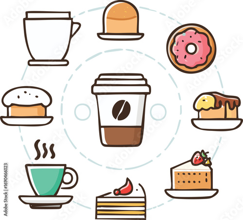 Coffee and pastries assortment with steaming beverages pastry cake