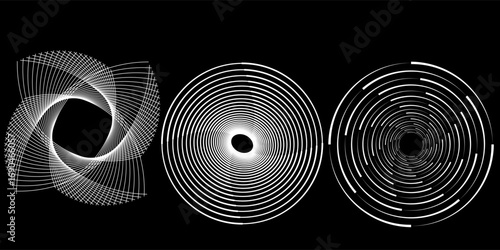 Modern abstract background. Halftone dots in circle form. Spiral logo, icon or design element. Black dots on a white background and white dots on the black side.