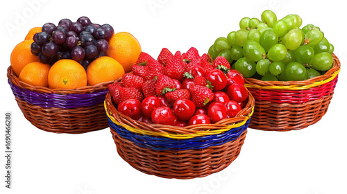 Colorful Fruit Arrangement in Brown Wicker Baskets