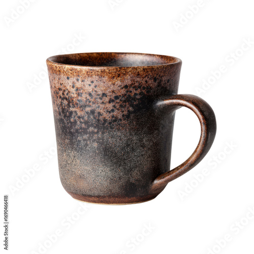 Rustic Brown and Black Ceramic Mug on White Background