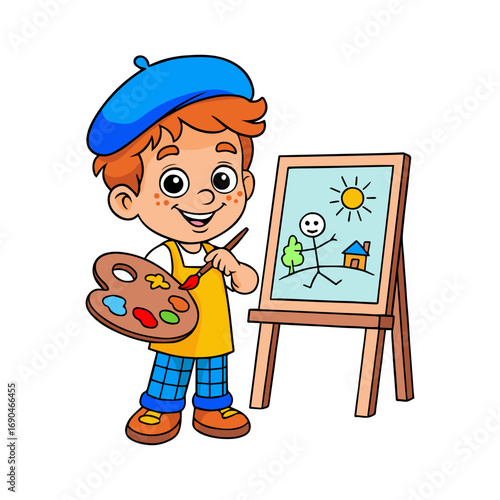 Smiling cartoon boy in beret painting on easel with palette, brush, and simple artwork