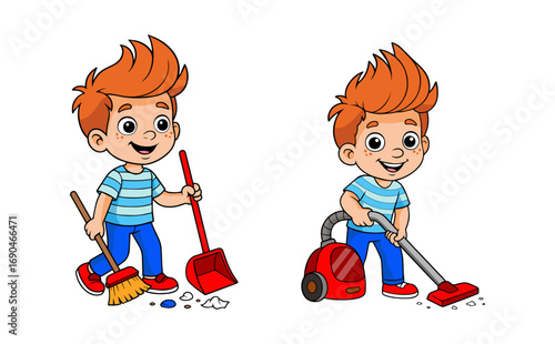 Smiling cartoon boy sweeping floor with broom and vacuum cleaner, learning to help at home