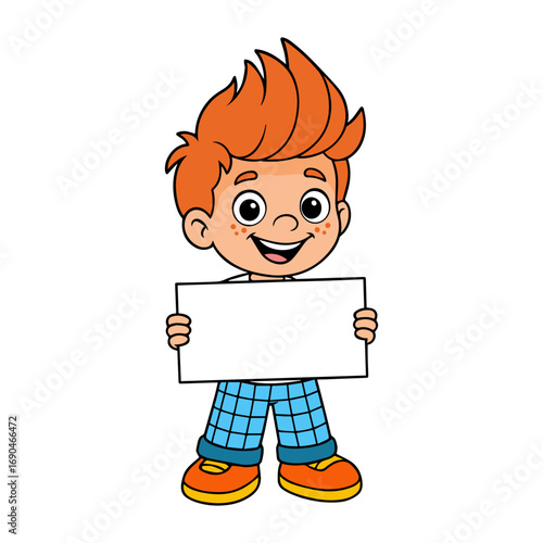 Happy cartoon boy holding blank sign board for text or message, cheerful child character isolated