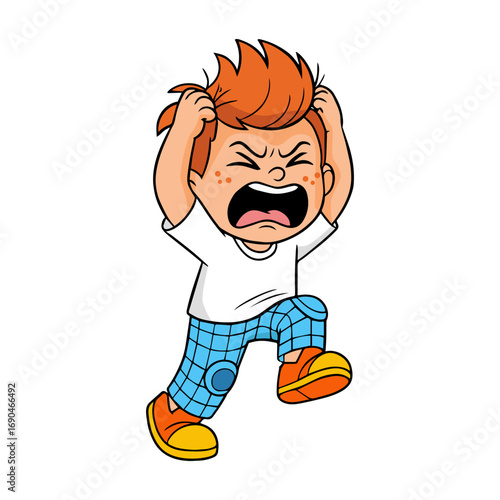 Cartoon angry boy screaming and pulling hair, upset emotional child character illustration