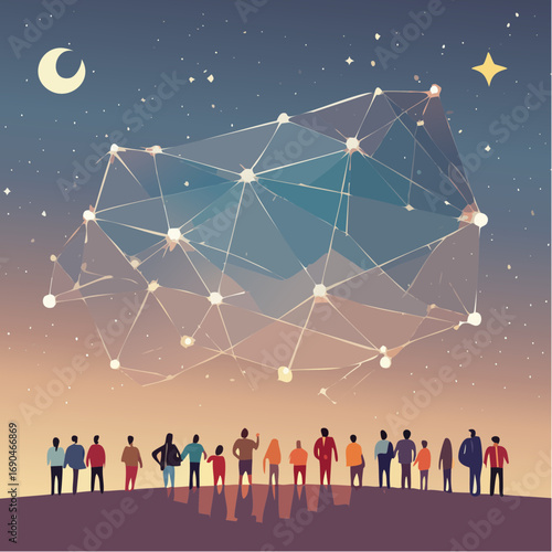 Illustration vectorielle d’une constellation lumineuse observée par une foule