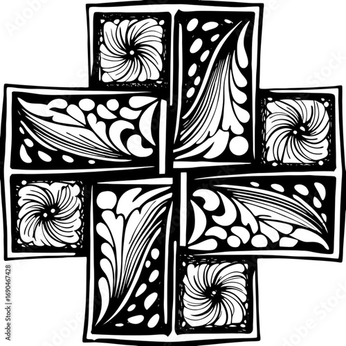 Minimilist decorative cross design featuring floral and swirl patterns in black and white artistic arrangement style vector