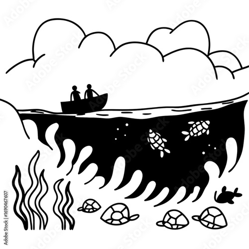 Minimilist a boat with two people above water with turtles and fish swimming below with clouds in the sky above vector