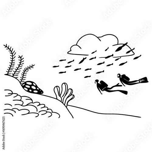 Minimilist illustration of two scuba divers swimming underwater with a school of fish and coral reefs view vector