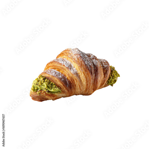 Delicious Pistachio Cream Filled Croissant Pastry, Isolated on Black Background