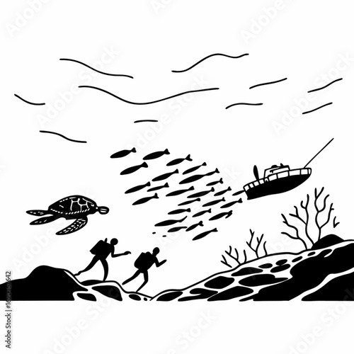 Minimilist underwater scene with divers turtle school of fish boat and coral in black and white illustration vector