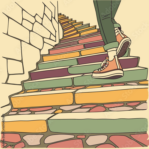 Minimilist person wearing sneakers walking up a colorful stone staircase with a stone wall on the left side of image vector