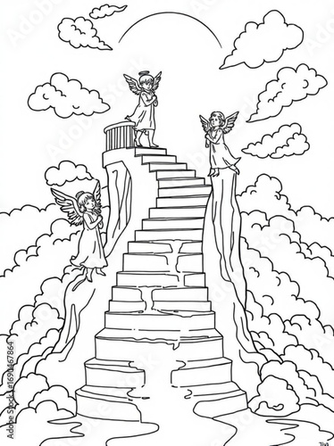Minimilist angels ascending a stairway to heaven amidst clouds and a radiant arc in a black and white illustration vector