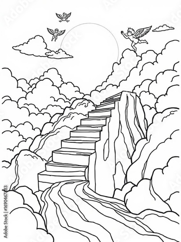 Minimilist a stairway to heaven with angels flying around clouds and a bright sun in a black and white drawing vector