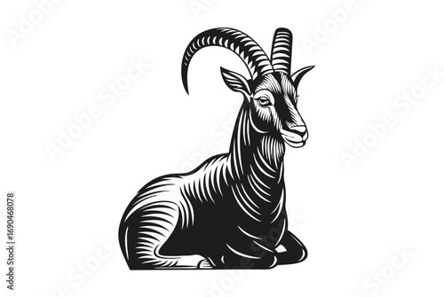 Lying Goat Illustration, Curved Horns, Hooved Animal, Mammal, White Background