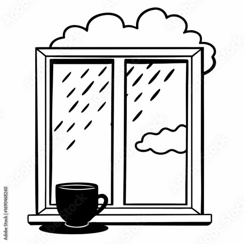 Minimilist a cup of coffee sits on a windowsill as rain falls outside the window and clouds are in the sky vector