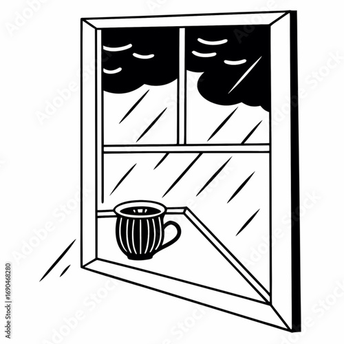 Minimilist a cup of coffee sits on a windowsill during a rainstorm viewed through a window in black and white style vector