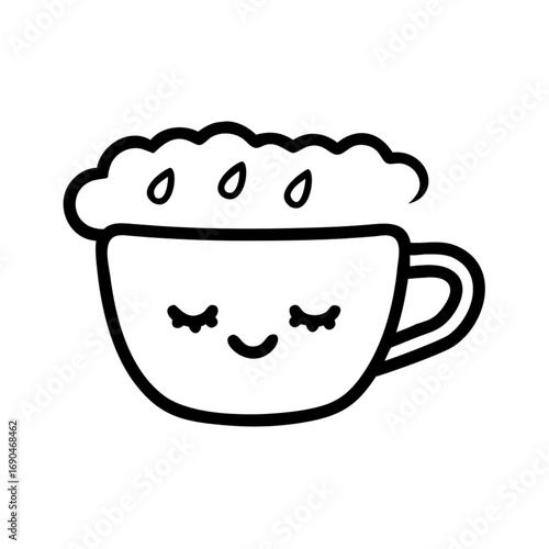Minimilist a whimsical drawing of a coffee cup with a cute face and frothy topping in black and white illustration vector