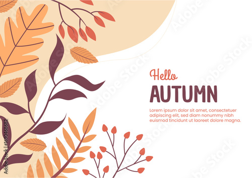 Autumn background with warm colors and falling leaves. Seasonal template for posts, greeting cards, banners, and posters. Minimalist botanical flat vector illustration.
