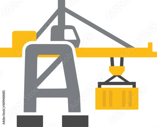 Yellow crane lifting shipping container in industrial port area, showcasing logistics and transportation with a modern, minimalist style.
