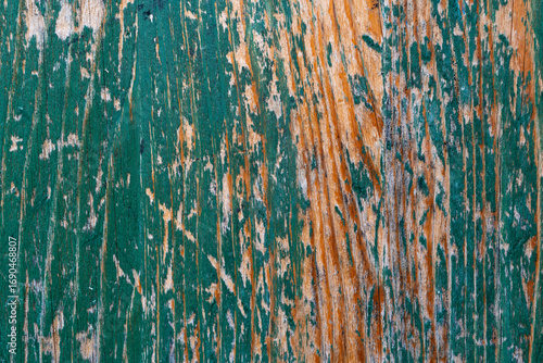 Rough, scratched pine wood door painted on green close up shot for background.