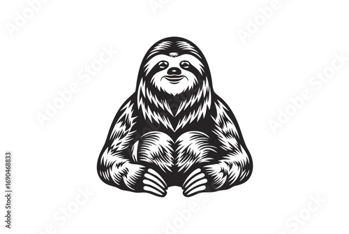 Monochrome Smiling Sloth Sitting on White Background