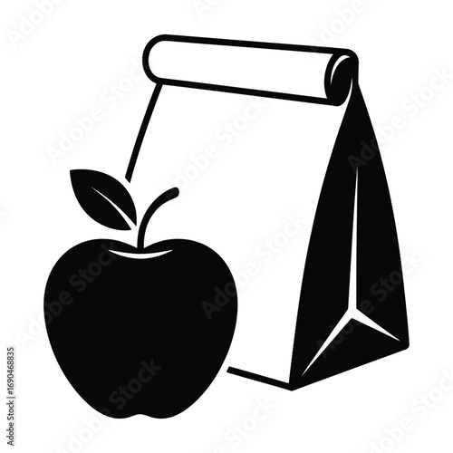 School Lunch Bag with Apple Black and White Vector Illustration.