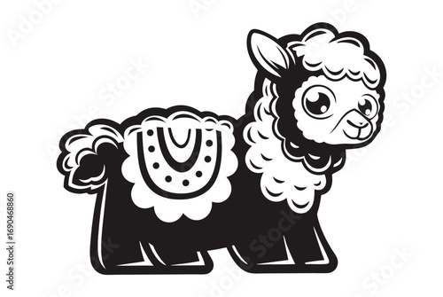 Monochrome Stylized Llama Design with Ornamental Blanket on White