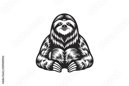 of a smiling sloth sitting, in black color and white background
