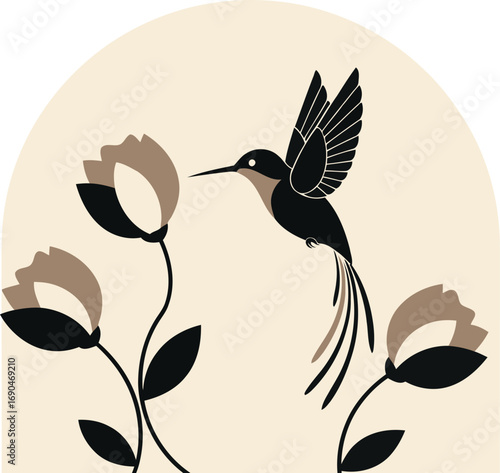 Artistic hummingbird gracefully hovering near beautiful flowers in a peaceful botanical garden scene