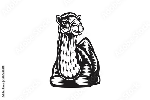 Resting Camel Art, Monochrome Desert Animal on White Background