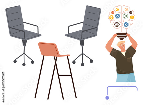 Office chairs and a stool beside a man holding a light bulb with gears symbolizing ideas. Ideal for teamwork, creativity, brainstorming, innovation, office setup, productivity, simple flat metaphor