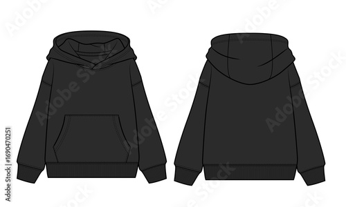 Long sleeve black color hoodie vector illustration template front and back