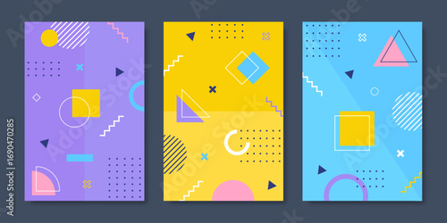 Modern Memphis posters and backgrounds with abstract geometric shapes, bright colors, simple patterns, and retro 80s feels, ideal for cards or story templates. Vector illustration